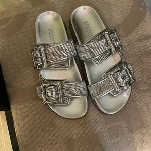 SCHUTZ Metallic Slide Sandals with Buckles